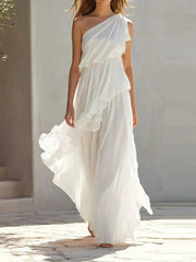 LIZAKOSHT  -  Sexy Tiered Ruffle Draped Formal Party Dress Women Elegant Asymmetrical Solid Gowns Sleeveless Slanted Shoulder Bridesmaid Dress