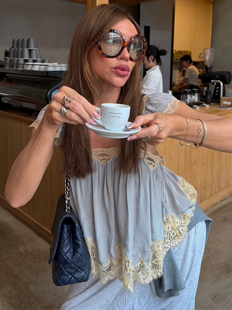 LIZAKOSHT  -  Lace Patchwork Blouse Thin Strap Lace Shoulder Panels Gathered Bust Spring Summer Cafe Date Lady Women Boho Casual Cami