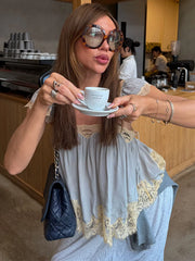 LIZAKOSHT  -  Lace Patchwork Blouse Thin Strap Lace Shoulder Panels Gathered Bust Spring Summer Cafe Date Lady Women Boho Casual Cami