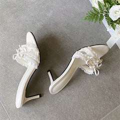 LIZAKOSHT  -  Summer Elegant Butterflykont Lace Edge Woman Slippers Fashion Thin High Heels Female Shoes Slides Zapatos De Mujer