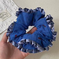 LIZAKOSHT  -  1PC Navy Blue Baby Cotton Gauze Fabric Small Cherry Hair Scrunchie - Ruffled Hair Accessory & Hair Tie for Ponytails
