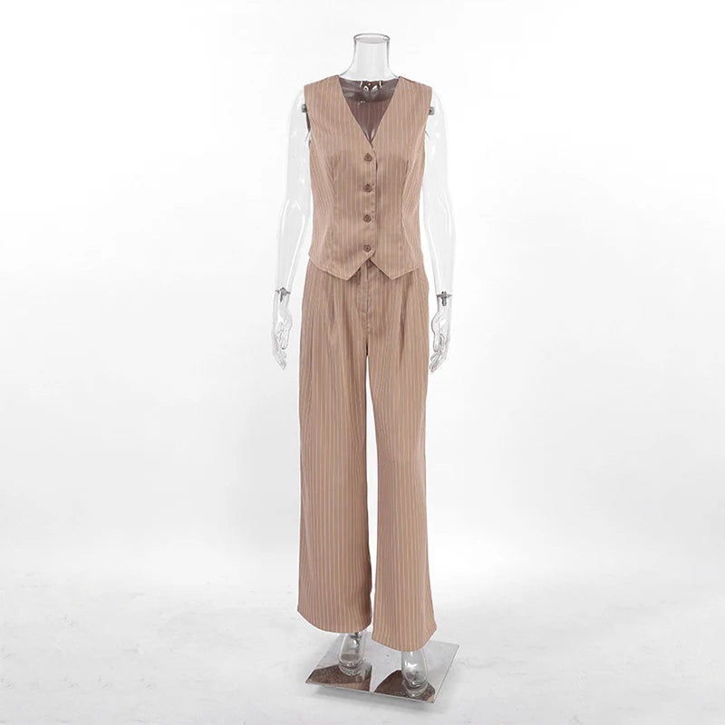 LIZAKOSHT  -  Office Lady Summer Striped Solid V Neck Buttons Sleeveless T-shirt and High Waist Wide Leg Pants Two Piece Sets For Women