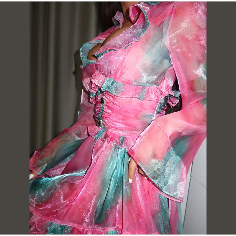 LIZAKOSHT  -  Sexy Tie-dye Print Ruffles Short Dress Women V-neck Flare Full Sleeve A-line High Waist Dresses 2025 Summer Vacation Beach Robes