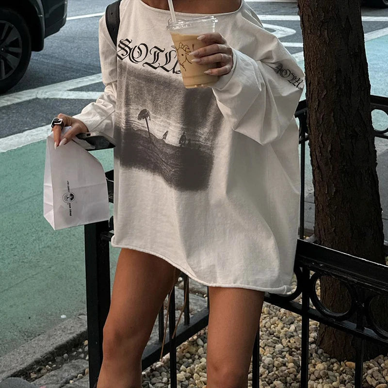 LIZAKOSHT  -  Vintage Letter Print Casual Tops Streetwear Off Shoulder Full Sleeve T-shirts All-match American Style Long Tees Autumn