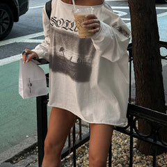 LIZAKOSHT  -  Vintage Letter Print Casual Tops Streetwear Off Shoulder Full Sleeve T-shirts All-match American Style Long Tees Autumn