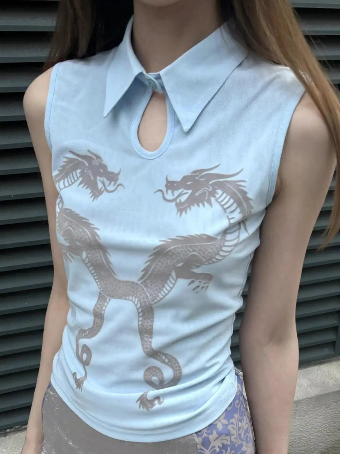 LIZAKOSHT  -  Tank Tops Polo Collar Suspender Hollow New Chinese Mesh Double Dragon Flocking Slim Summer New Women'S Top Retro