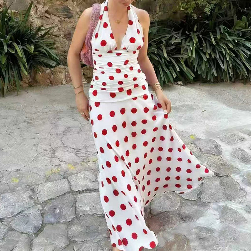 LIZAKOSHT  -  Elegant Polka Dot Backless Pleated Dress Temperament High Waist Sleeveless Dress Sexy Hanging Neck Off Shoulder Club Party Dress