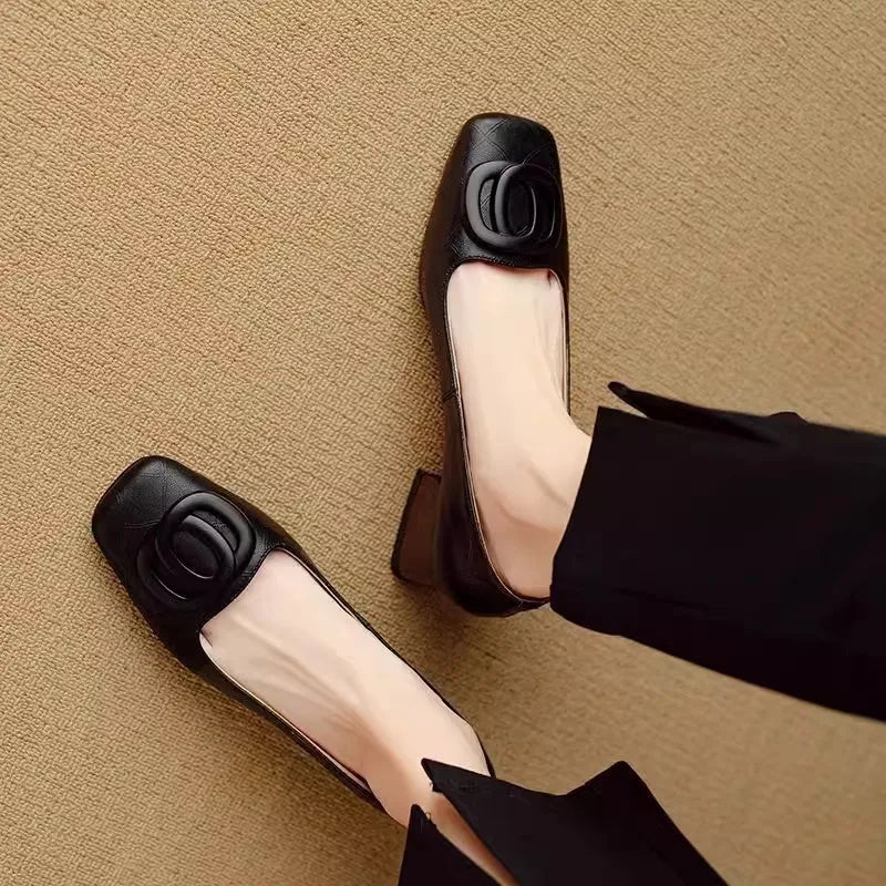 LIZAKOSHT  -  Soft Leather Comfortable Women's Single oes Spring Autumn Sle Square Head No Fatigue Thi Heel Match Skirt oes Casual