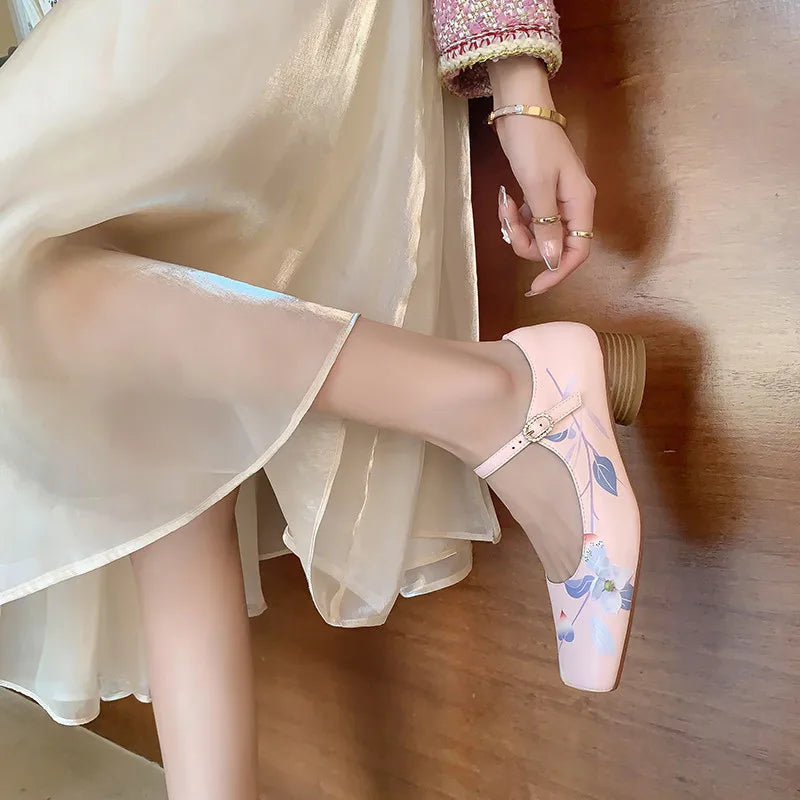 LIZAKOSHT  -  Fashion Pumps New High Quality Genuine Leather Square Head Color Painting Mary Janes Shoes Daily Commuter Light Shoes