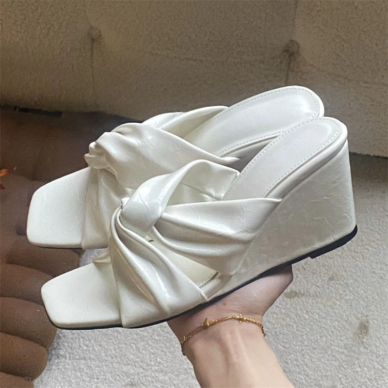 LIZAKOSHT  -  New Fashion Pleated Square Toe Women Slippers Design Style Wedges High Heels Shoes Summer
