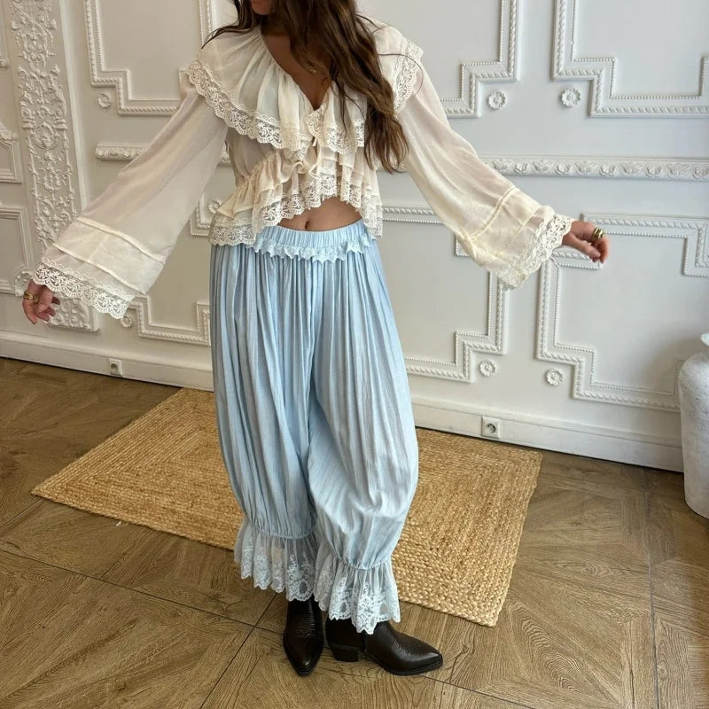 LIZAKOSHT  -  Coquette Aesthetic Bloomer Pants Women Sexy Lace Trim Ruffle Harem Pants Cute Balletcore Drawstring Loose Wide Leg Trousers