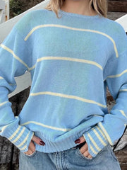 LIZAKOSHT  -  Casual Loose Contrast Striped Sweater Bvasic O-Neck Long Sleeve Knitted Pullovers Women Autumn Winter Streetwear