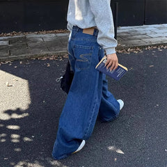 LIZAKOSHT  -  Washed American Style Wide Leg Jeans High Waist Straight Cut Commute Elegant High Quality Cotton Polyester Blend No Stretch