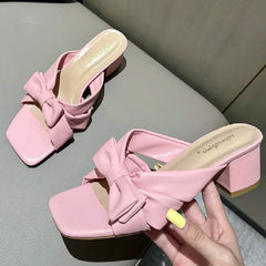 LIZAKOSHT  -  Bow Design Thick Heel Slippers Women Summer Square Head Soft Bottom Brand Sandals Comfortable Beach Casual Flats Zapatos Mujer