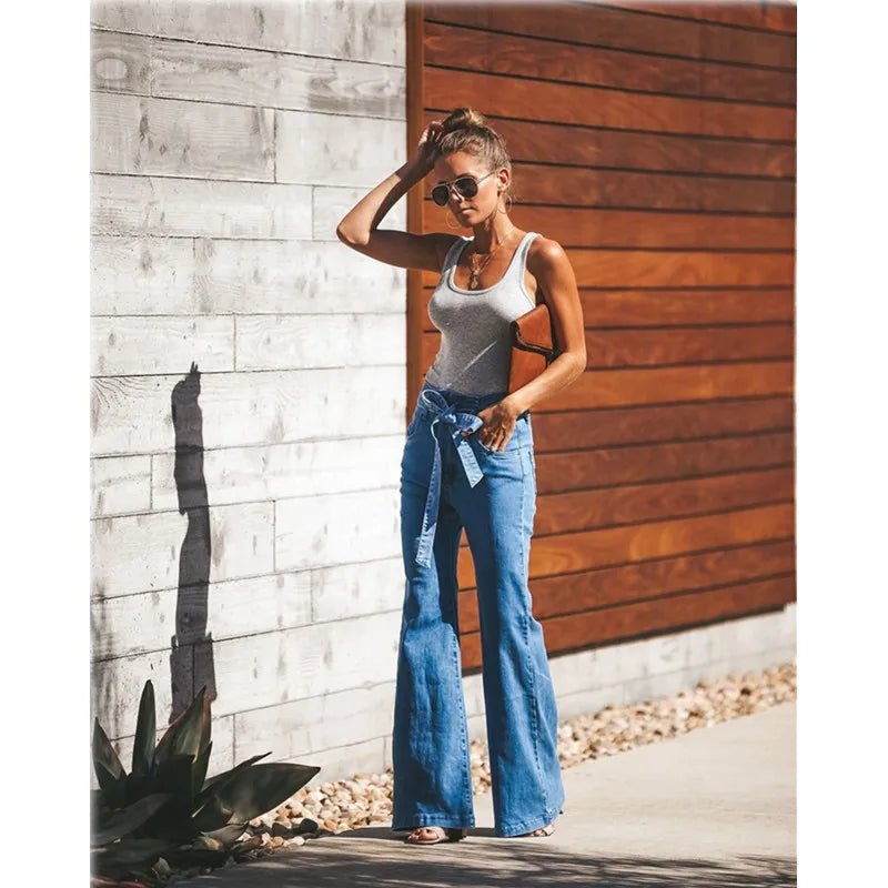 LIZAKOSHT  -  Blue Tie Waist Flare Jeans Women Slim Denim Trousers Vintage Clothes spring High  Pants Belted Stretchy Wide Leg