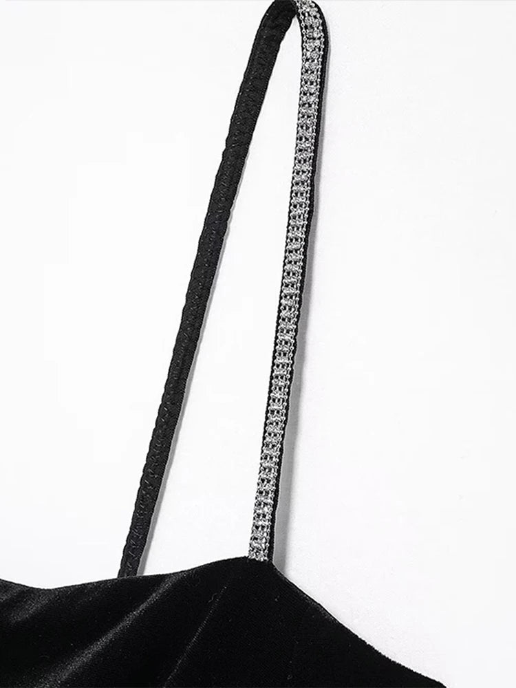 LIZAKOSHT  -  Velvet Halter Dress Black Sexy Slim Fit Elegant Straight Collar Waist Cinched Short Dresses Camisole Evening Gown Women's Wear