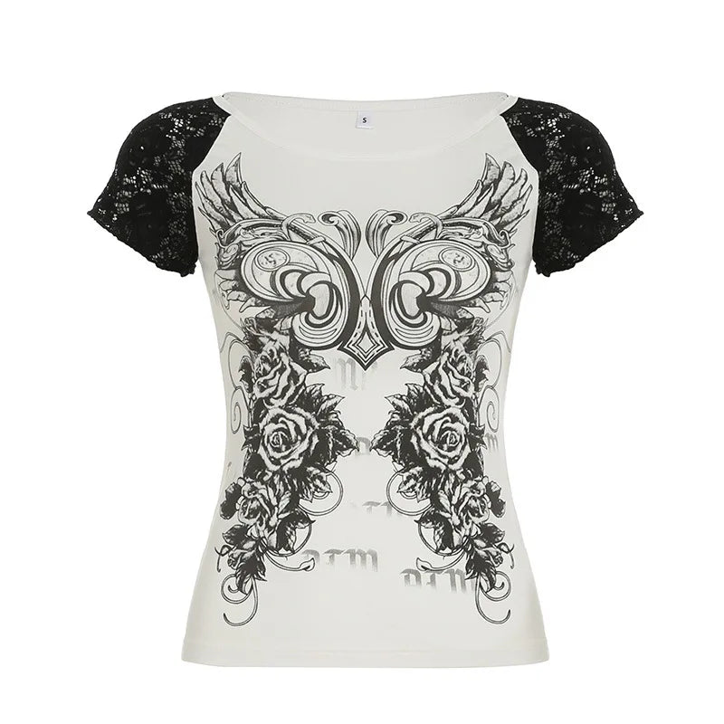 LIZAKOSHT  -  Contrasting Printed Raglan T-shirt Women's Summer Y2K Hot Girls Casual Tight Fitting O-neck Top Fashion Female Clothes