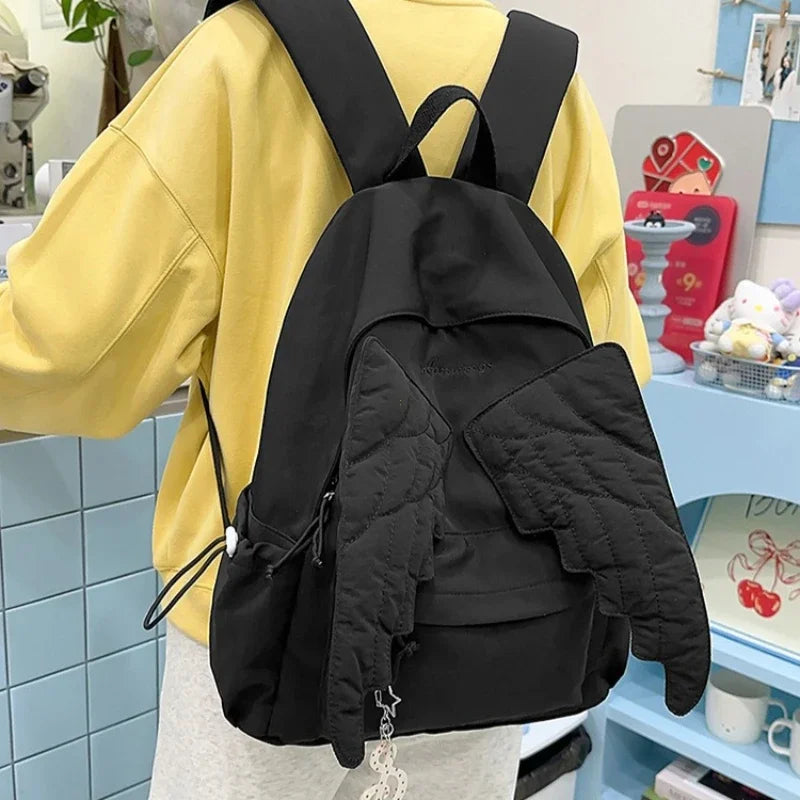 LIZAKOSHT  -  Versatile Angel Wing Backpack Y2k Style Large Capacity Canvas Backpack Lightweight Embroidered Pattern Nylon Student Backpack