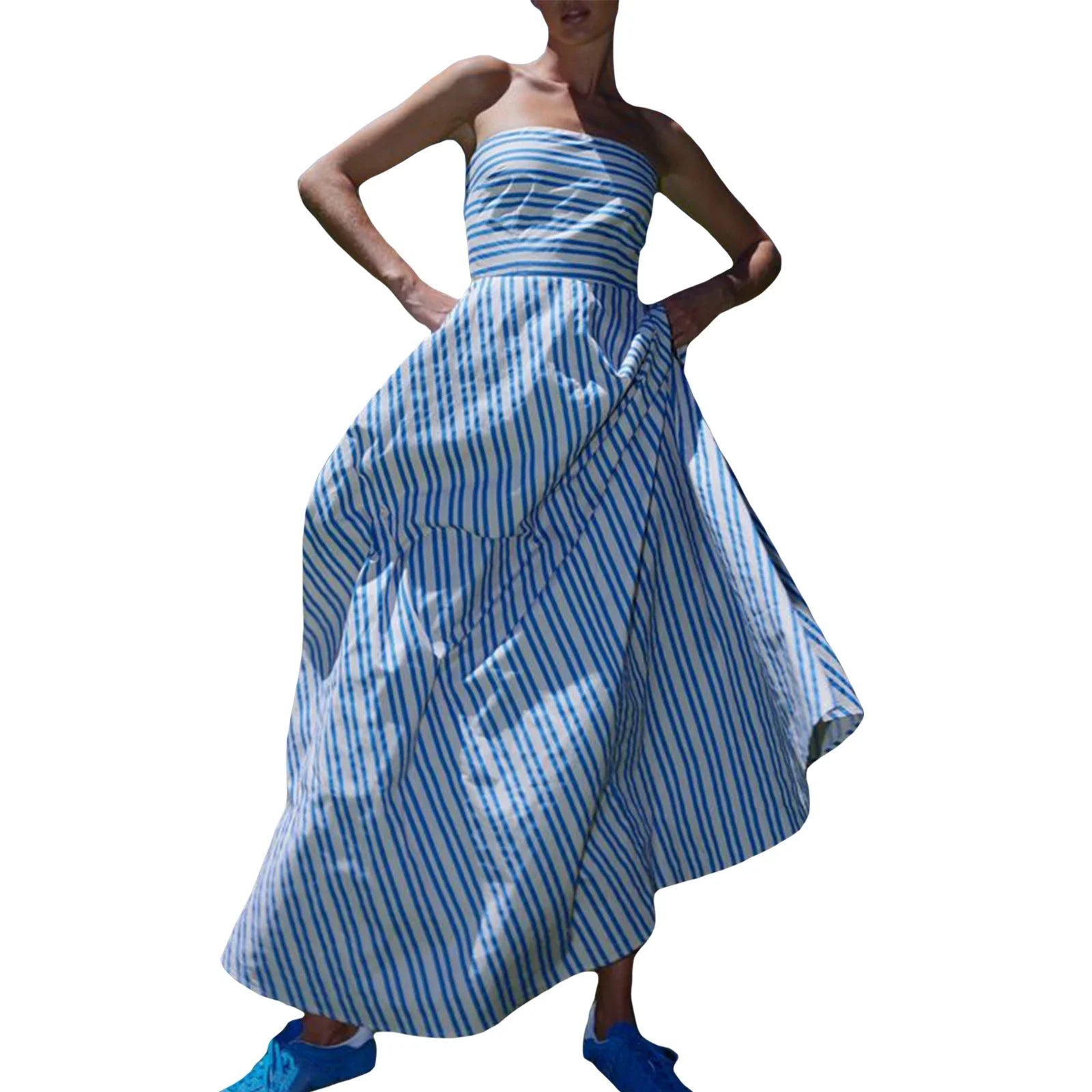LIZAKOSHT  -  Women Y2k Graphic Maxi Tube Dress Off the Shoulder Striped Flowy Dress Bohemian Backless Beach Sundress