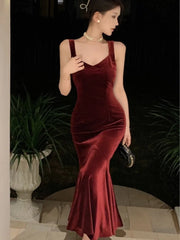 LIZAKOSHT  -  Sexy French Velvet Mermaid Midi Dress For Women Autumn Strap Backless Bodycon Solid Mujers Elegant Evening Party Prom Robe
