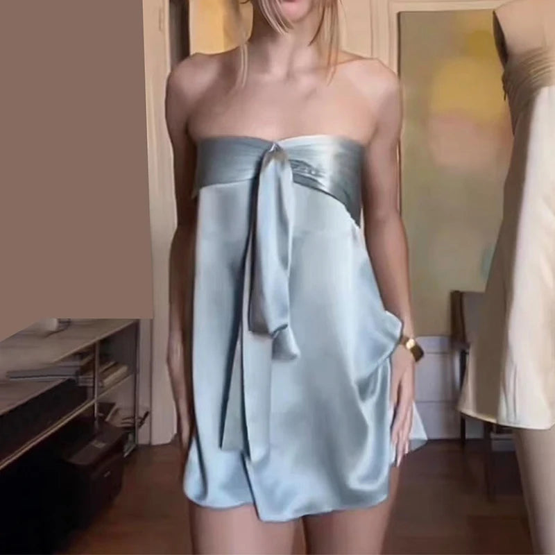 LIZAKOSHT  -  Strapless strap satin solid color sleeveless dress spicy girl street style summer new fashionable mini dress
