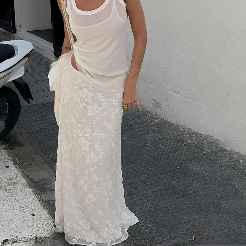 LIZAKOSHT  -  Elegant French A-Line Mesh Fashion Long Skirts Vintage High Waist Casual Y2K Spring Summer Evening Party New Maxi Skirt