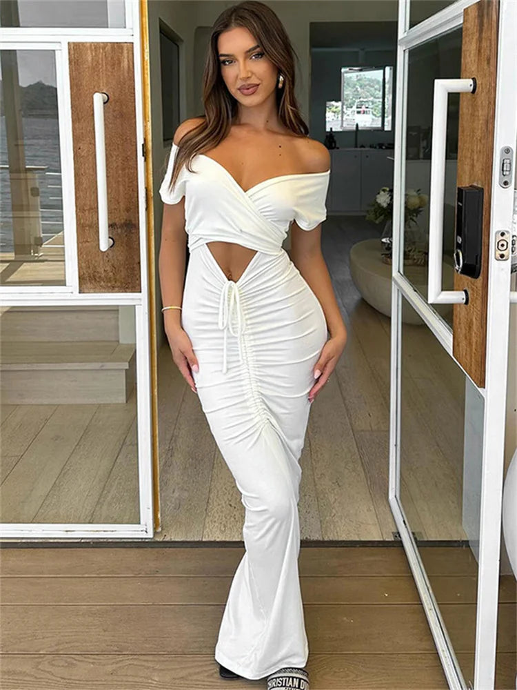 LIZAKOSHT -  Hollow Out V-Neck Drawstring Maxi Dress Female Bandage Patchwork High Waist Lace-Up Party Dress Ladies White Party Dress