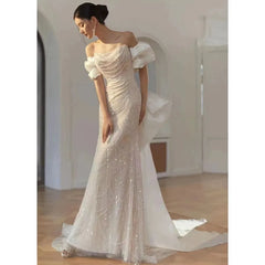 LIZAKOSHT -  Celebrity Dresses Off the Shoulder French Style Detachable Bow Satin Ivory Pearl Mermaid Cocktail Prom Evening Gowns