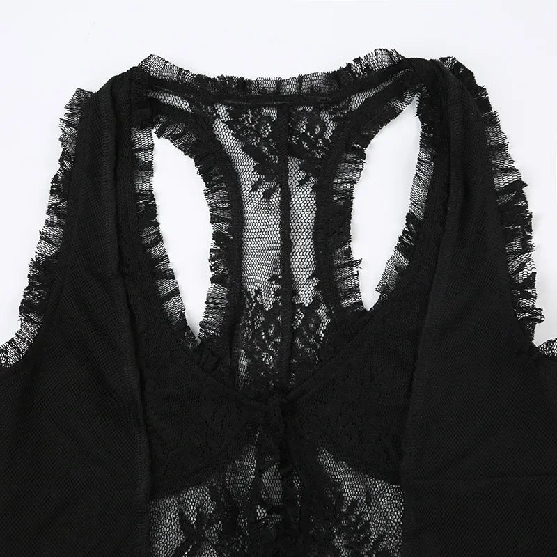 LIZAKOSHT  -  New Dark Vintage Techwear Hotsweet Lace See Through Thin Tanks Top Sexy Button Cardigan Crop Tops Women's Gothic Sheer Vest