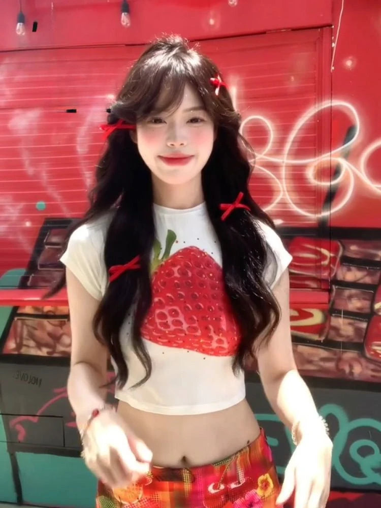 LIZAKOSHT  -  Sweet Summer All Match Commuter O Neck Short Sleeve Shirts Cute Fruit Print Harajuku Streetwear Girl Clothing Y2k Aesthetic Tops