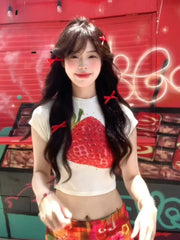 LIZAKOSHT  -  Sweet Summer All Match Commuter O Neck Short Sleeve Shirts Cute Fruit Print Harajuku Streetwear Girl Clothing Y2k Aesthetic Tops