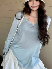 LIZAKOSHT  -  Minimalist T-Shirts Women V-Neck Chic All Match Summer Full Sleeve Loose New 2024 Casual Daily Sunscreen Tees