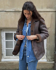 LIZAKOSHT  -  Casual Lamb Wool Splicing Leather Jacket Women Lapel Single Breasted Loose Pocket Thickened Coat Lady Winter Daily Commute Coats