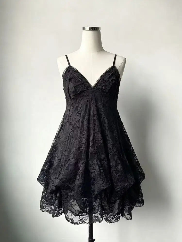 LIZAKOSHT  -  Japanese Vintage Style Strap Dress Women Korean Fashion Black Lace Cami Dresses Summer Sweet Patchwork New One Piece Dress