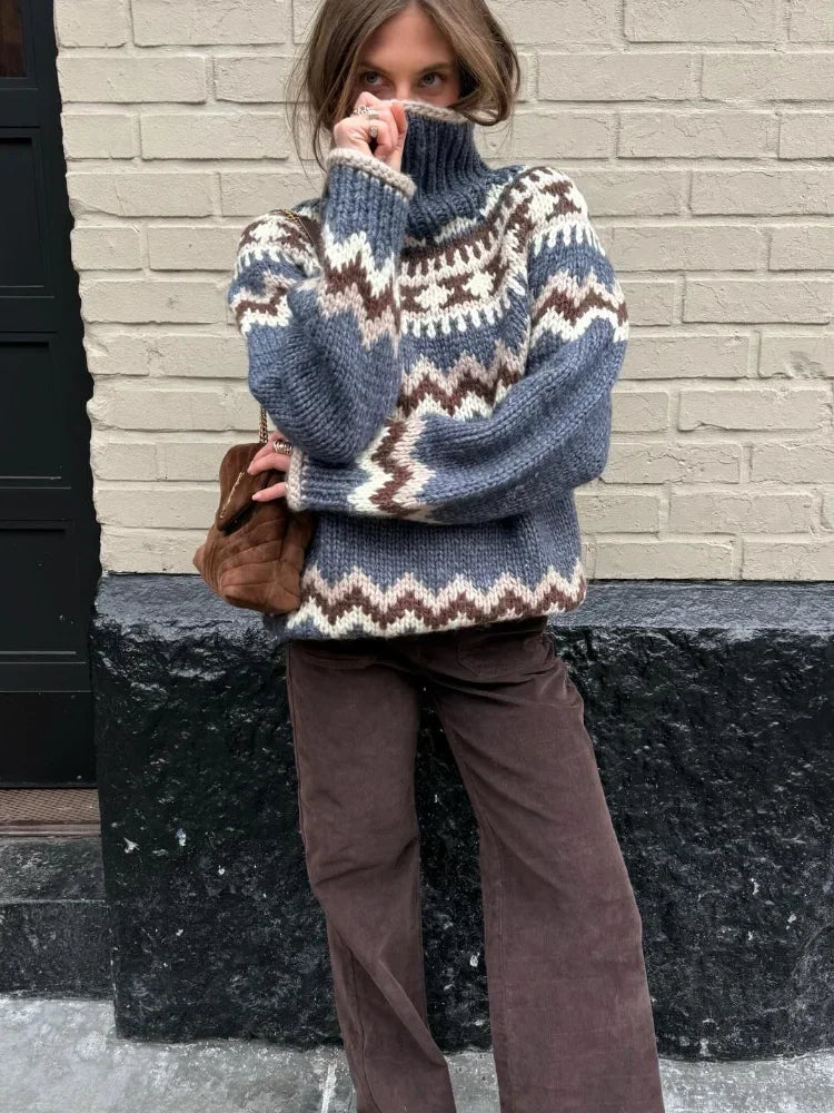 LIZAKOSHT  -  Printed Knitted Pullover Sweater Women Turtleneck Long Sleeves Loose Sweaters All-match Early Spring New Ladies Knitwear