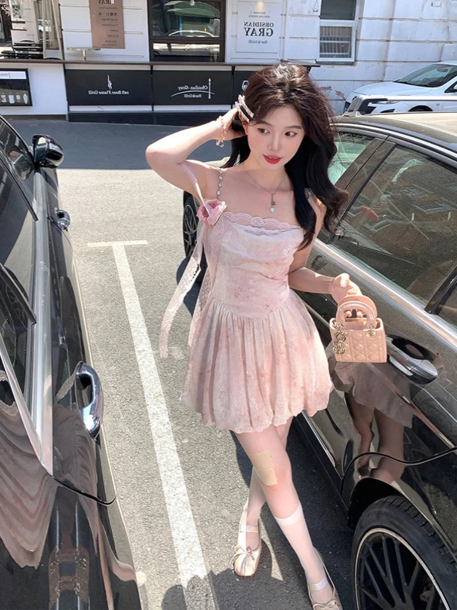 LIZAKOSHT  -  Elegant Sleeveless Strap Mini Dress Women Beach Style Lace Dress Even Party 2024 Summer Vintage One Piece Dress Korean Fashion