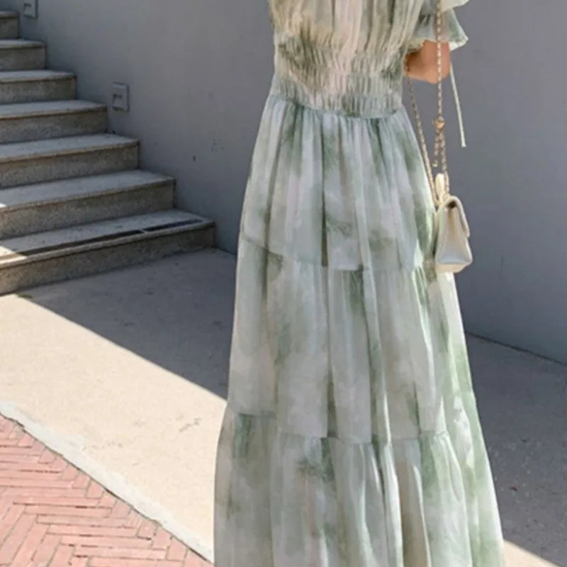 LIZAKOSHT  -  Green Woman Dresses Square Neck Elegant Spring Summer Vestidos Mujer Puff Sleeve Beach Style Retro Long Dress