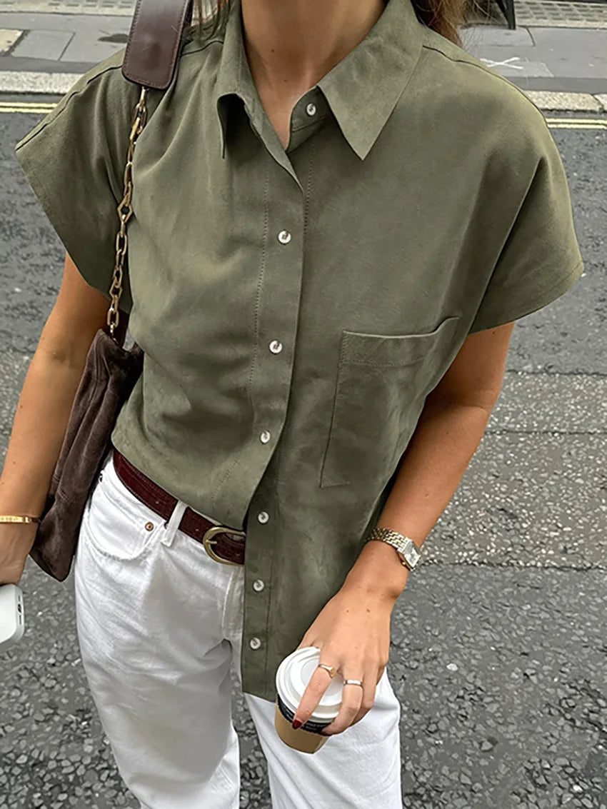 LIZAKOSHT  -  Summer 2025 Vintage Retro Green Blouse Shirt Women Turn-down Collar Single-breasted Pocket Sleeveless Casual Top For Women 55905
