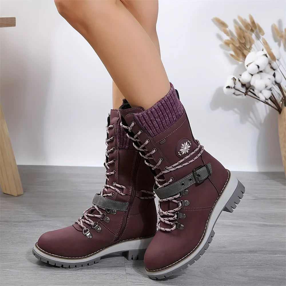 LIZAKOSHT  -  Plus Size 43 Women's Fashion Thermal Mid Calf Boots Knitted Splicing Lace Up Side Zipper Winter Boots Wedges heels Outdoor Boots