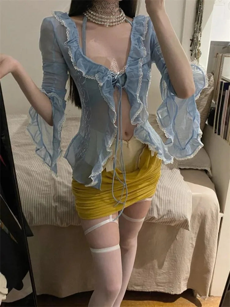 LIZAKOSHT  -  Two Pieces Set Halter Lace Patchwork Slim Sweet Bandage Blouse + Women Y2k Aesthetic Streetwear Pleated Grunge Mini Skirts
