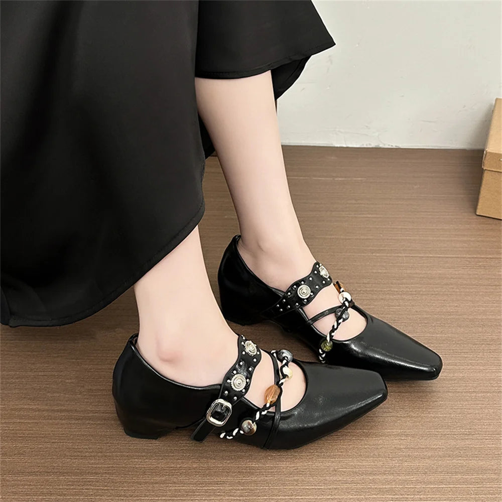LIZAKOSHT  -  Design Lovely Buckle Straps Mary Janes Shoes Women Chic Black 4cm Mid Heels Shoes Chain Office Lady Dress Pumps
