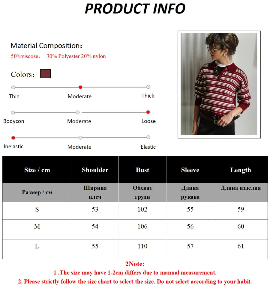 LIZAKOSHT  -  Spring Summer Women's Vintage Contrast Striped Knitted Polo Collar Long Sleeve T-Shirt Fashion Casual Trend Top