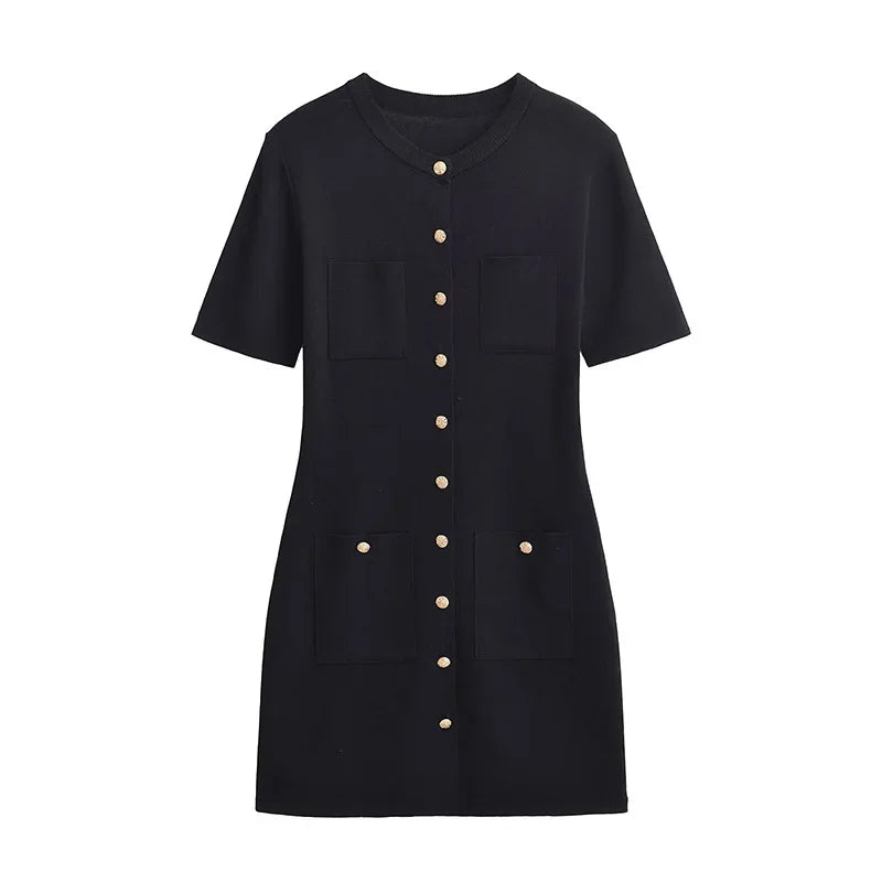 LIZAKOSHT  -  Gold Button Pocket Knitted Short Dresses Solid Color Round Neck French Simple Slimming Fashion Single Breasted Straight Dress