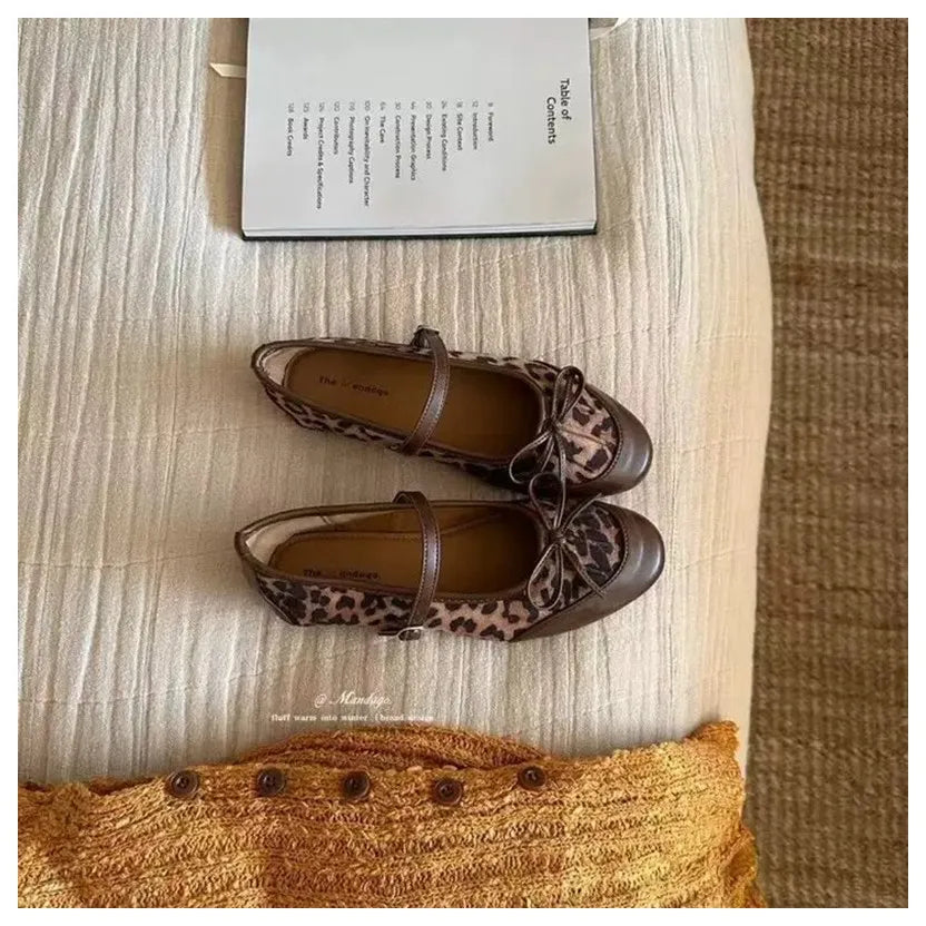LIZAKOSHT  -  Autumn Fashion Leopard Print Flats Shoes Women Ankle Strap Flats Square Toe Bow Knot Leisure Soft Comfort Female Mary Janes