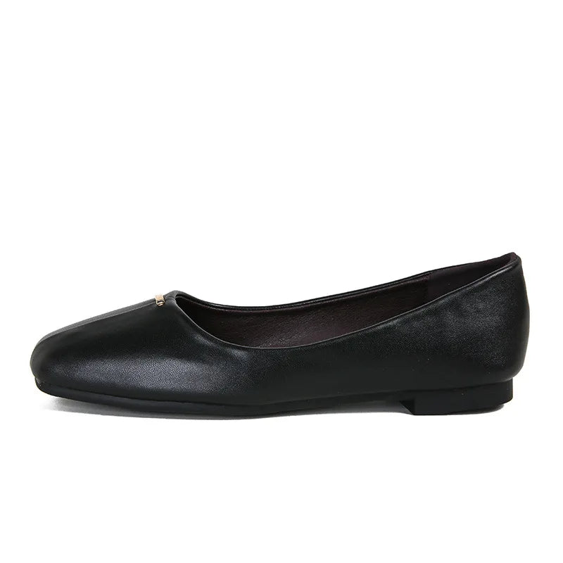 LIZAKOSHT -  brief style women moccasins meatal decoration slip on loafers square toe soft leather flats women working shoes big size 43
