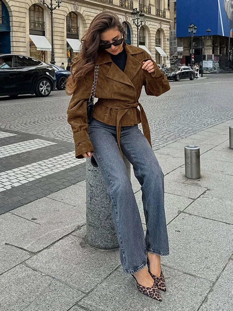 LIZAKOSHT  -  Retro Brown Lace Up Shorts Suede Jacket Elegant Female Lapel Long Sleeves Slim Coats Autumn Chic Lady High Street Outwear