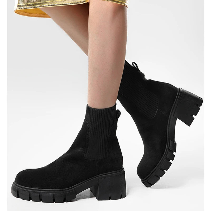 LIZAKOSHT  -  Suede Ankle Boots Women Comfy Casual Chunky Short Boots Ladies Knit Stretch Sock Boots Roundhead Designer Platform Shoes Boots