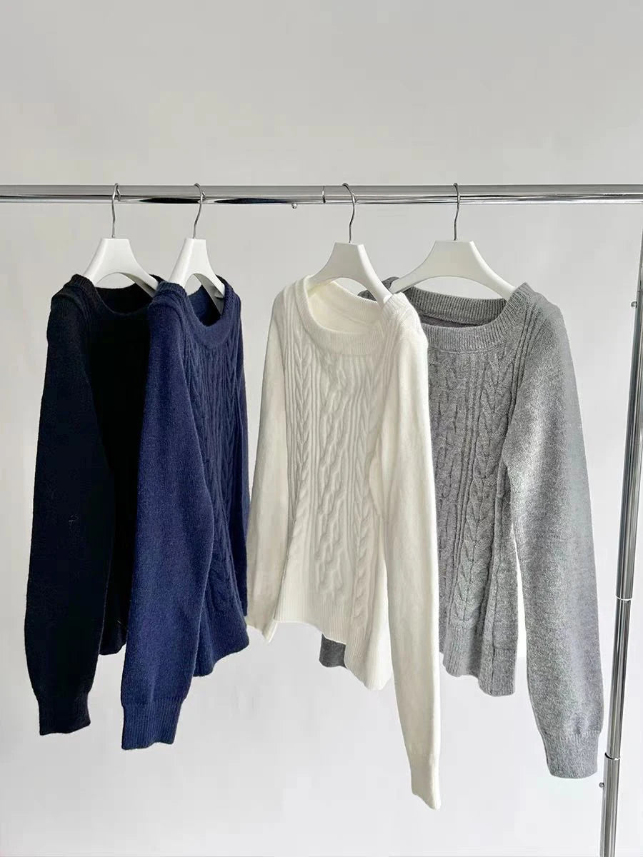 LIZAKOSHT  -  Twist Flower Slim Sweaters Woman Autum Slash Neck Long Sleeve Knitted Pullover Top Female Vintage Streetwear Jumper Y2k Tops