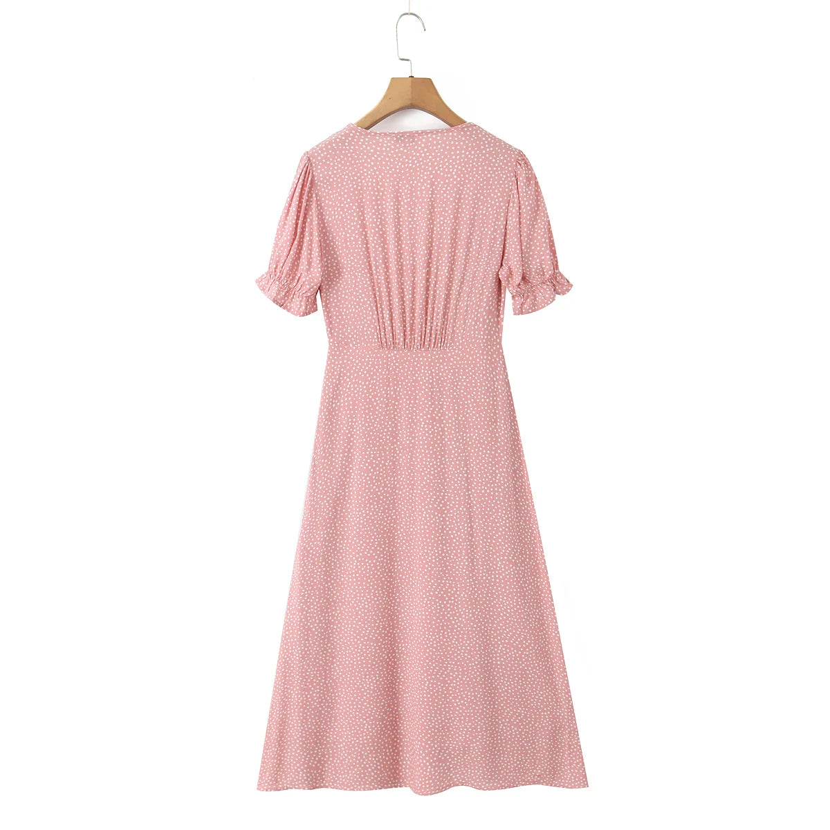 LIZAKOSHT  -  Vintage French Style Polk Dot Print Spliced Lace Deep V neck Short Sleeve Dress Woman A-lined Midi Long Dresses Vestidos Robe