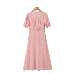 LIZAKOSHT  -  Vintage French Style Polk Dot Print Spliced Lace Deep V neck Short Sleeve Dress Woman A-lined Midi Long Dresses Vestidos Robe